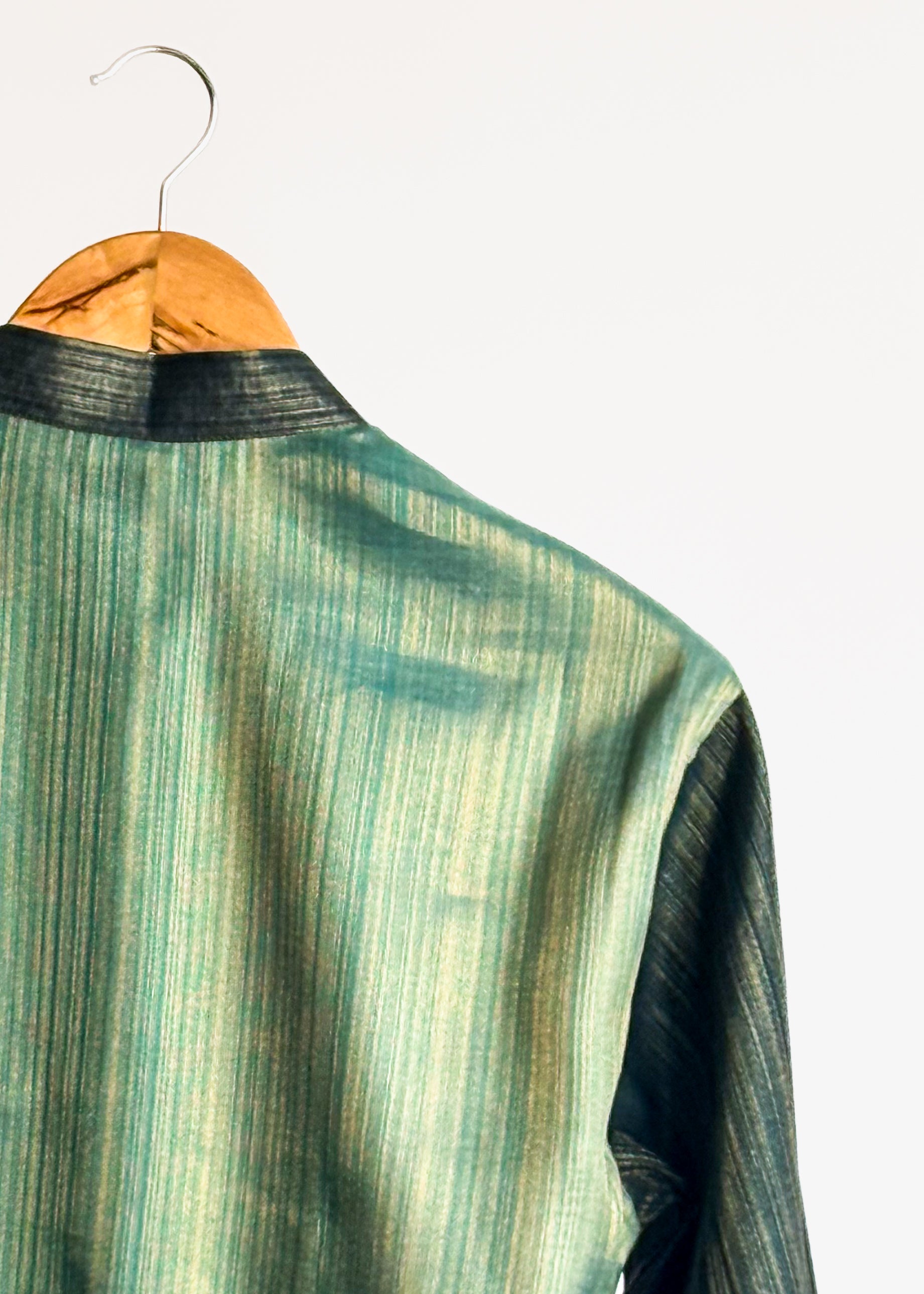 Men’s teal mirror-work kurta with handcrafted shade-work ombré and gold zari lines
