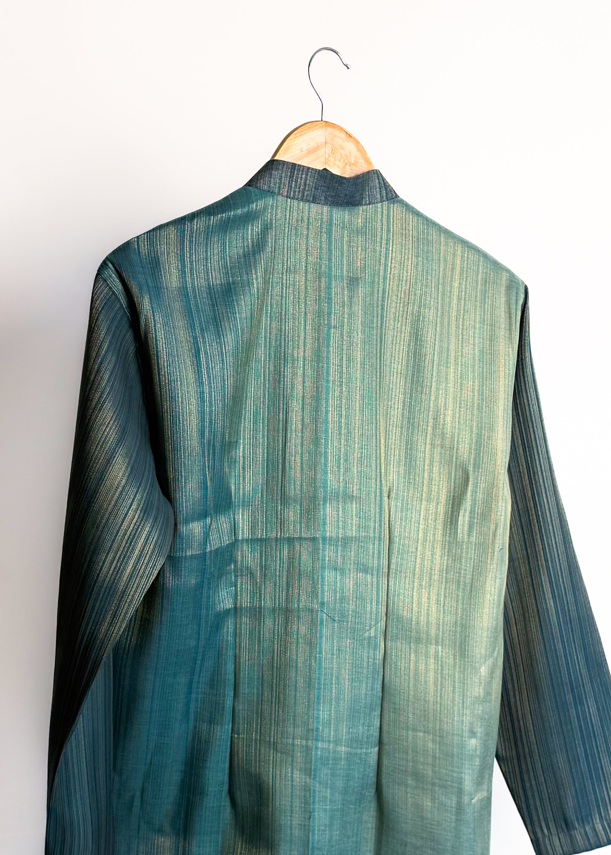 Teal blue plain kurta with shade-work ombré and continuous gold zari lines