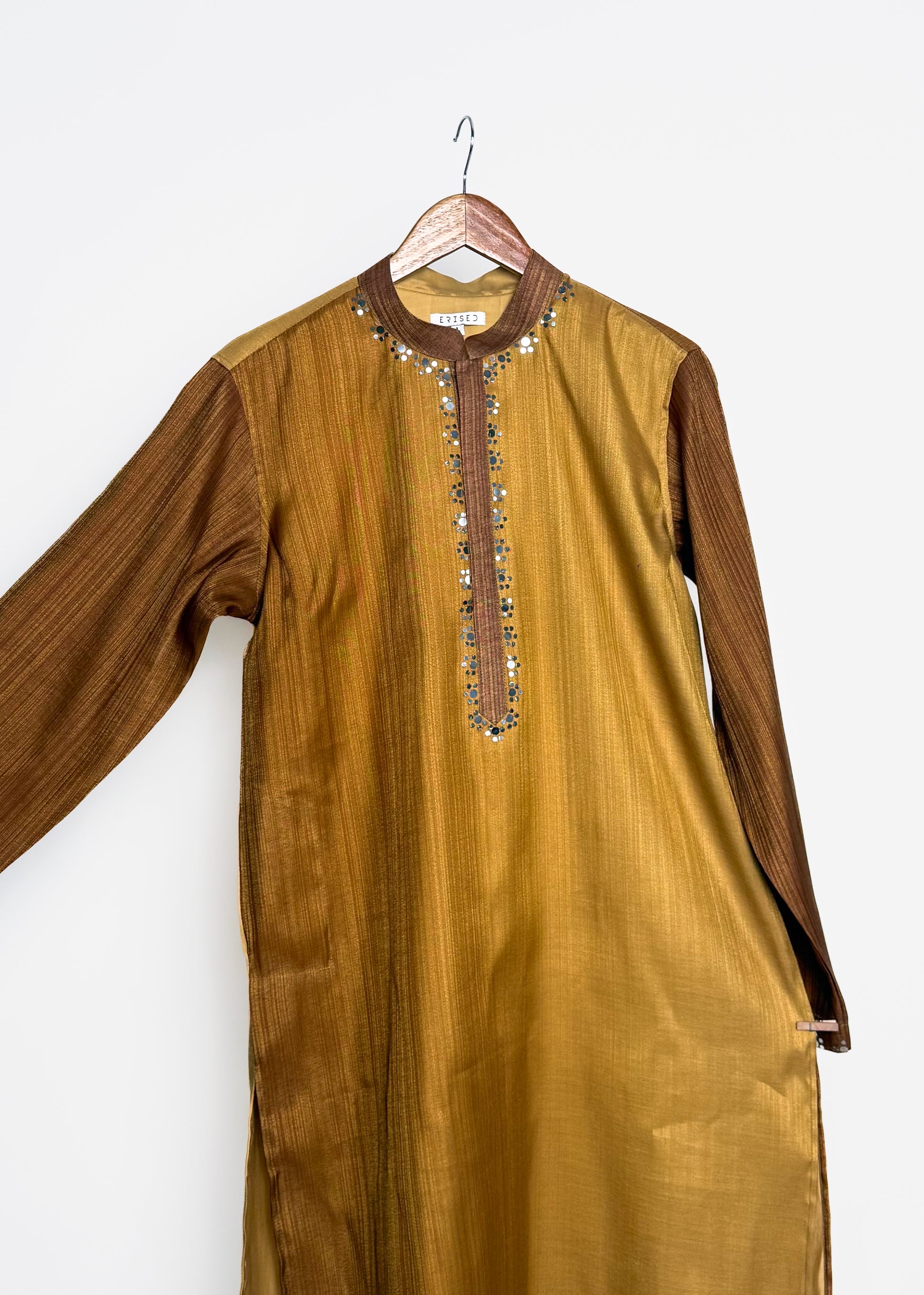 Ochre gold mirror-work men’s kurta with gold zari and contrast tobacco sleeves