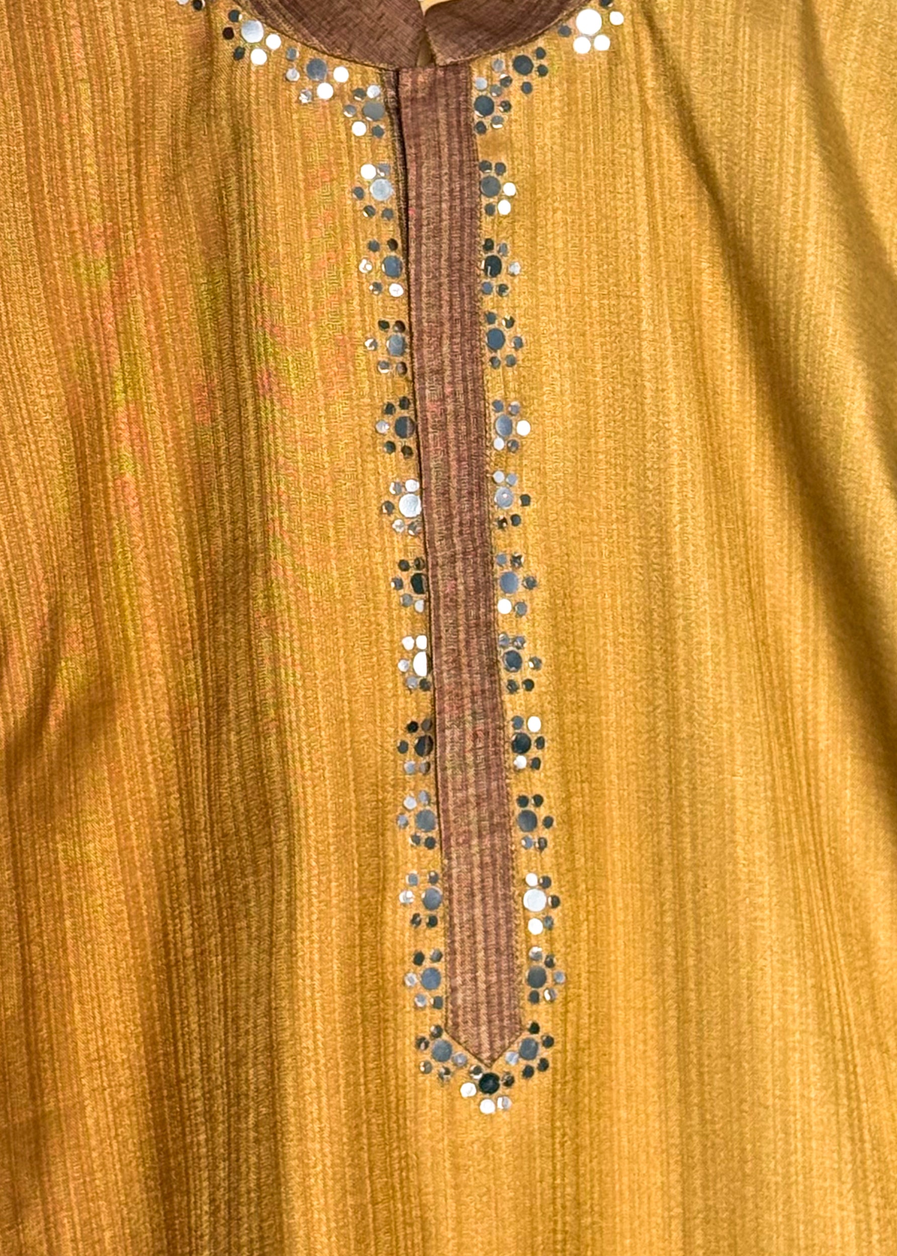 Ochre gold mirror-work men’s kurta with gold zari and contrast tobacco sleeves