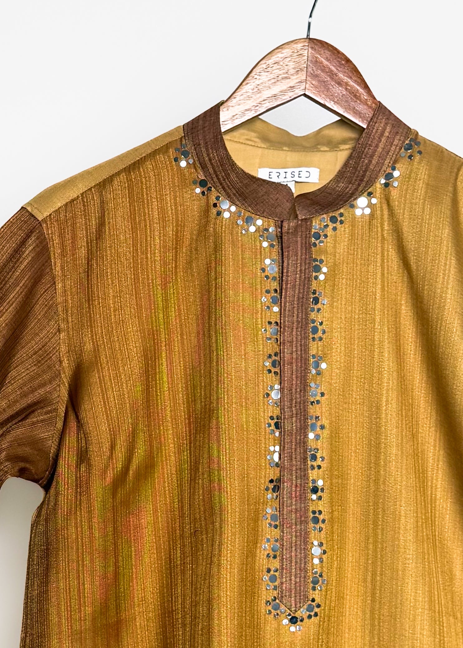 Ochre gold mirror-work men’s kurta with gold zari and contrast tobacco sleeves