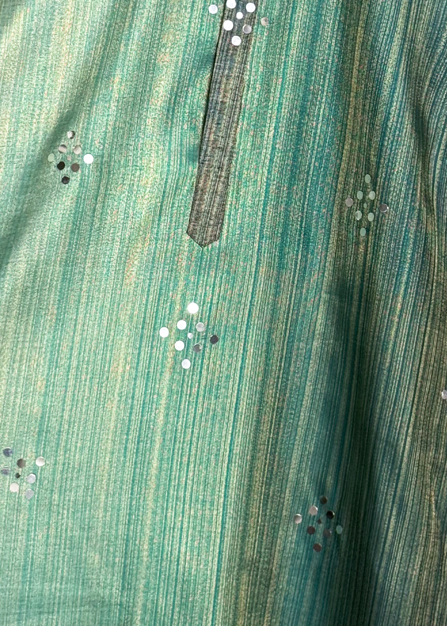 Men’s teal mirror-work kurta with handcrafted shade-work ombré and gold zari lines