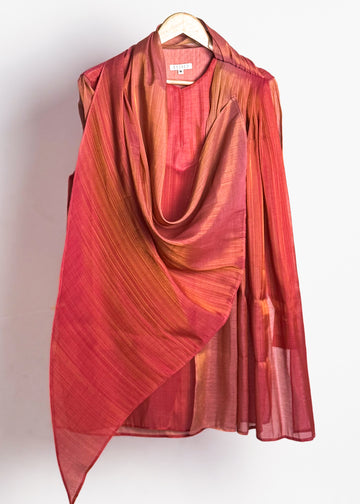 Men’s pink drape kurta, thigh length, Gulabi Coral with cowl front and continuous gold zari lines