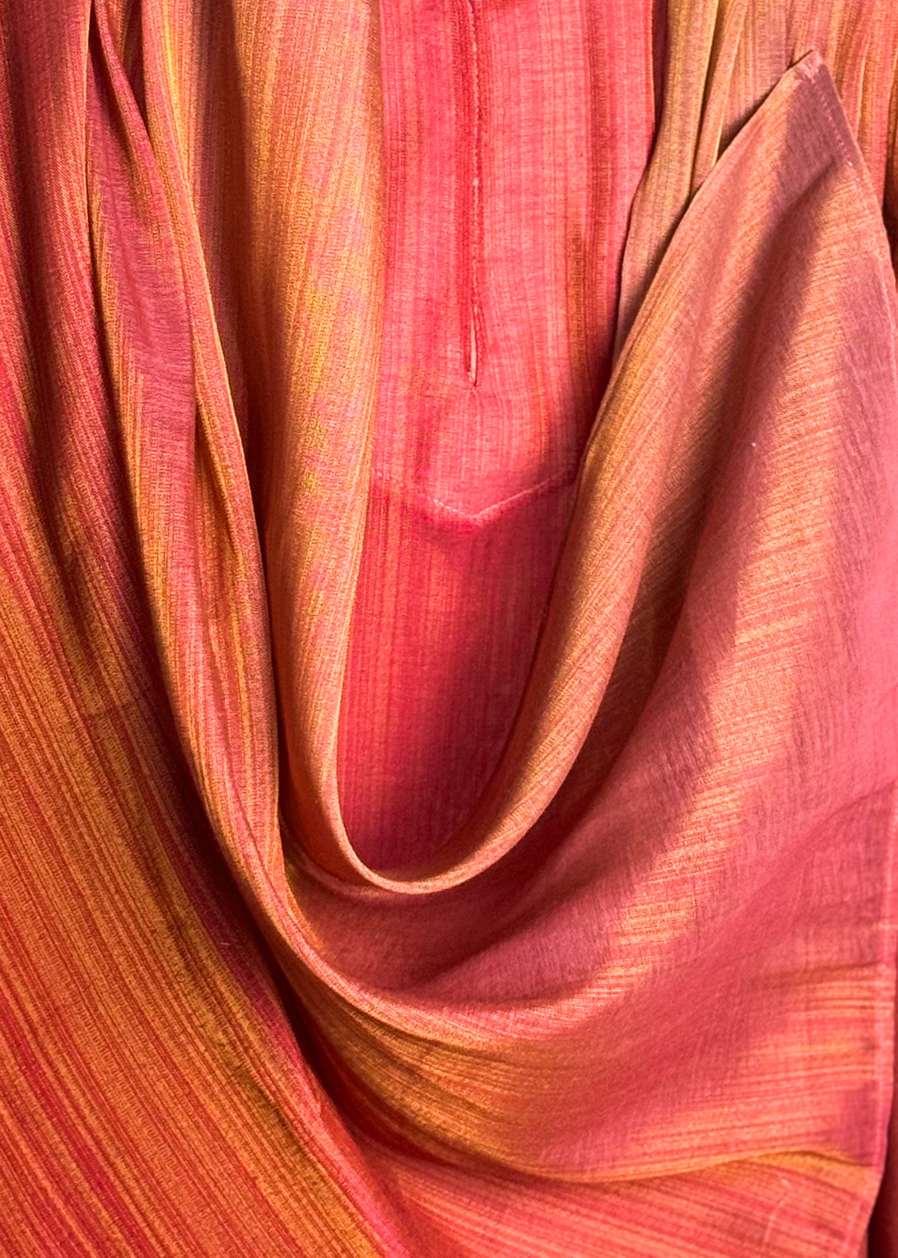 Gulabi Coral men’s cowl-drape kurta, thigh length, band collar, lightweight fabric with gold zari texture