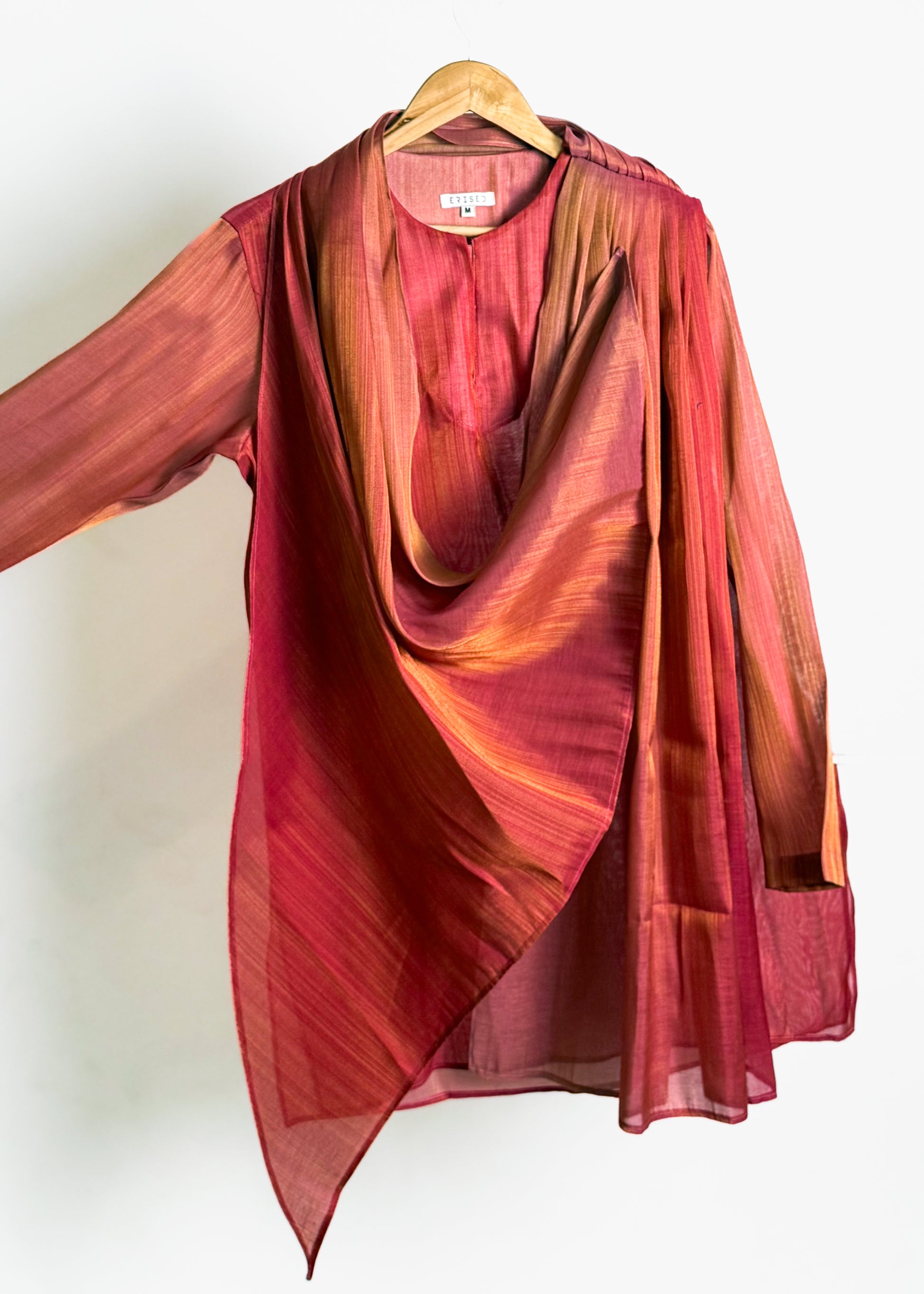 Gulabi Coral men’s cowl-drape kurta, thigh length, band collar, lightweight fabric with gold zari texture