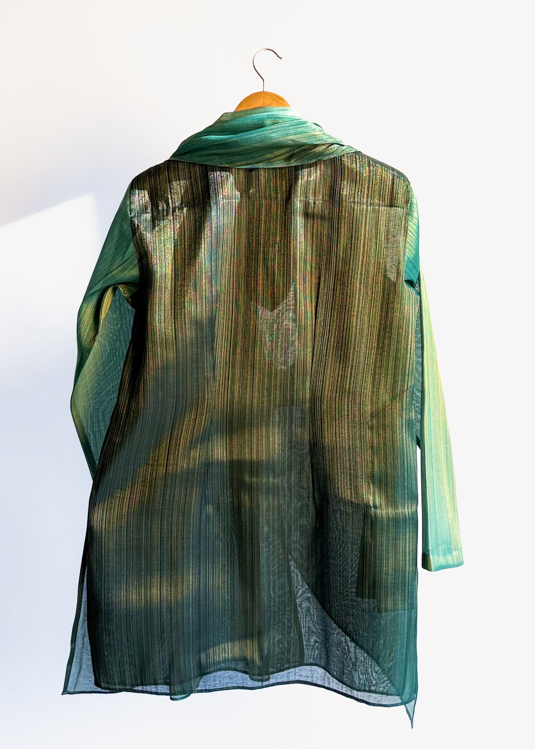 Men’s green drape kurta, thigh length, Juniper Teal with fluid cowl and continuous gold zari lines