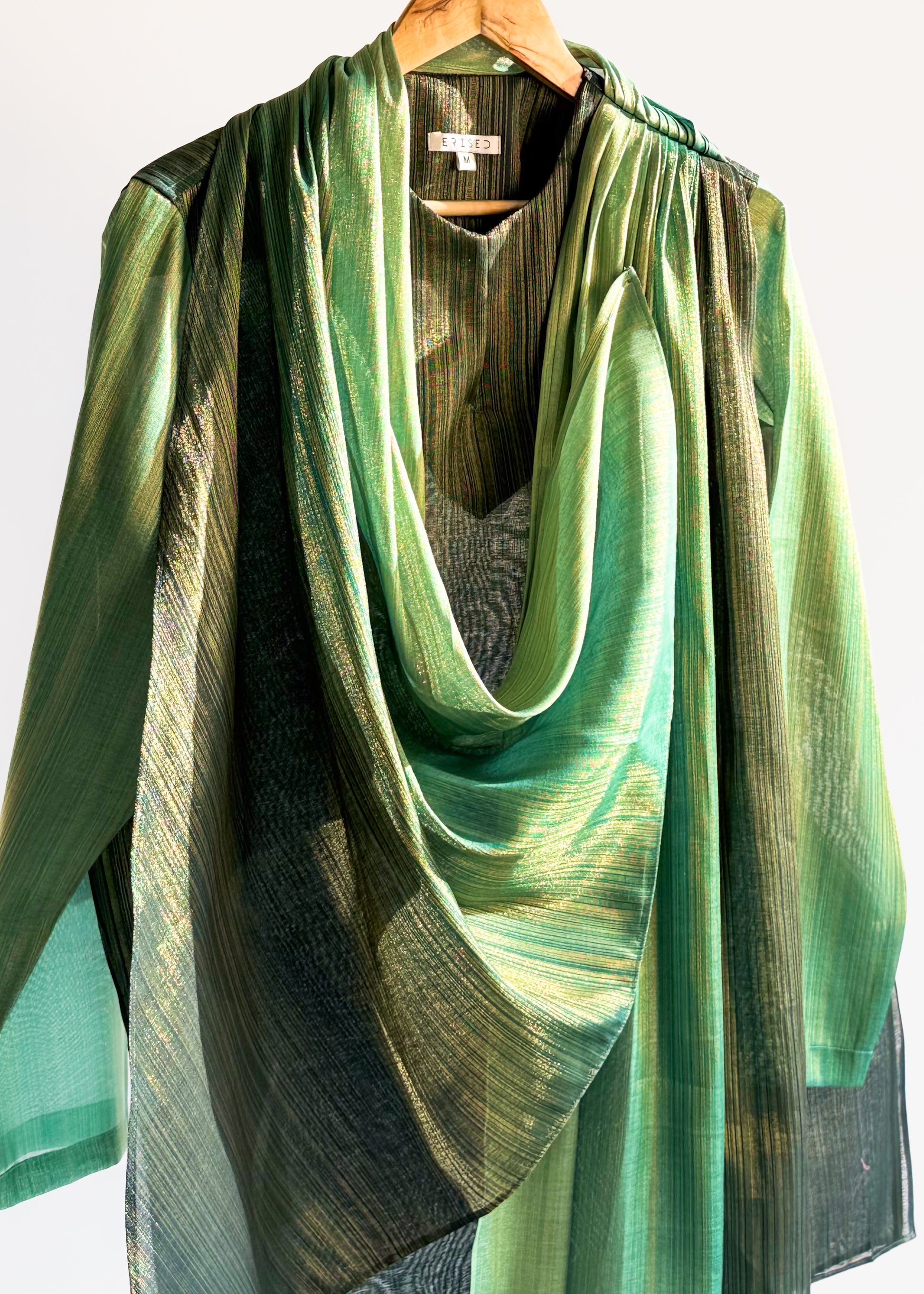 Men’s green drape kurta, thigh length, Juniper Teal with fluid cowl and continuous gold zari lines