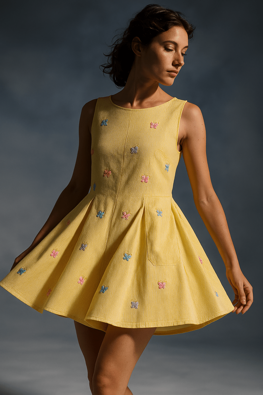 Butterfly Embroidered Flared Romper - Butter Yellow - erised pret