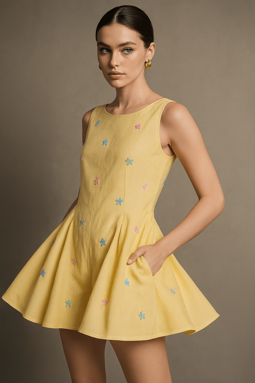 Butterfly Embroidered Flared Romper - Butter Yellow - erised pret