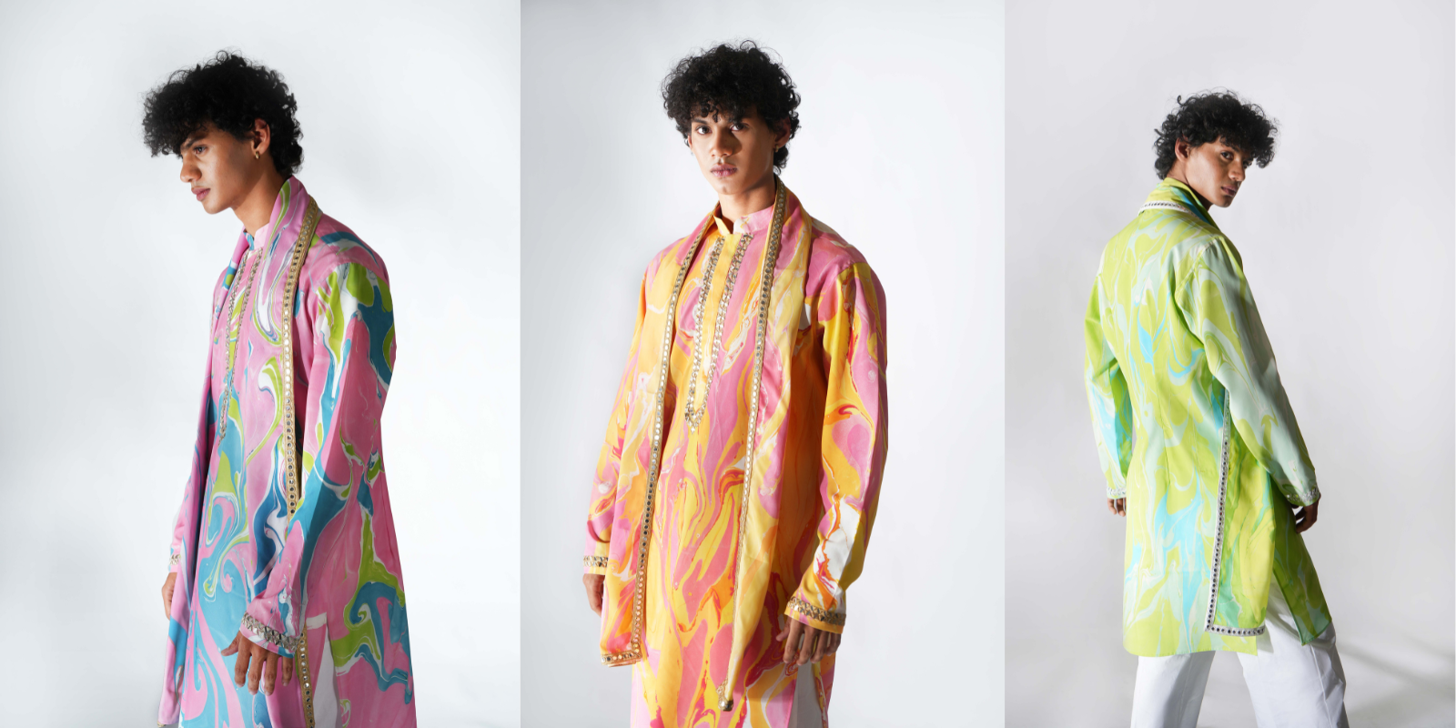 Erised Men’s Festive Collection – Collage featuring Azalea Kurta (pink), Verdant Kurta (green), and Sunset Kurta Set (orange) for Navratri & Diwali 2025.