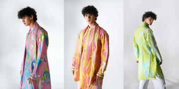 Erised Men’s Festive Collection – Collage featuring Azalea Kurta (pink), Verdant Kurta (green), and Sunset Kurta Set (orange) for Navratri & Diwali 2025.
