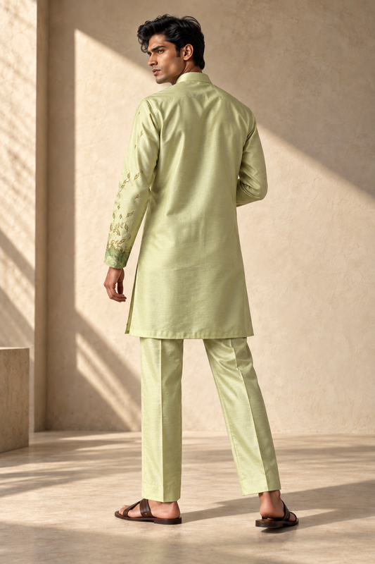 Pistachio Leaf & Marble Silk Kurta Set