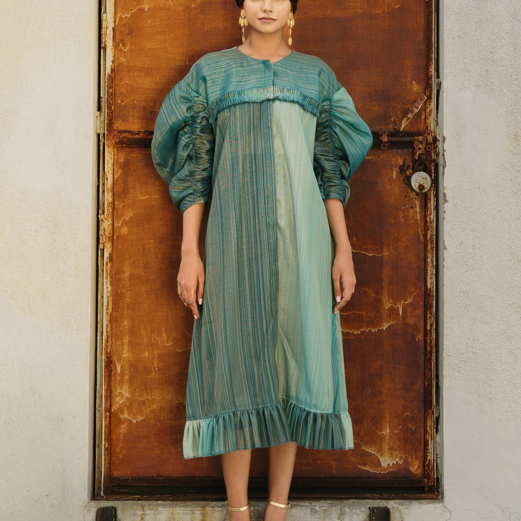 Voluminous Sleeve Dress - Teal Silk