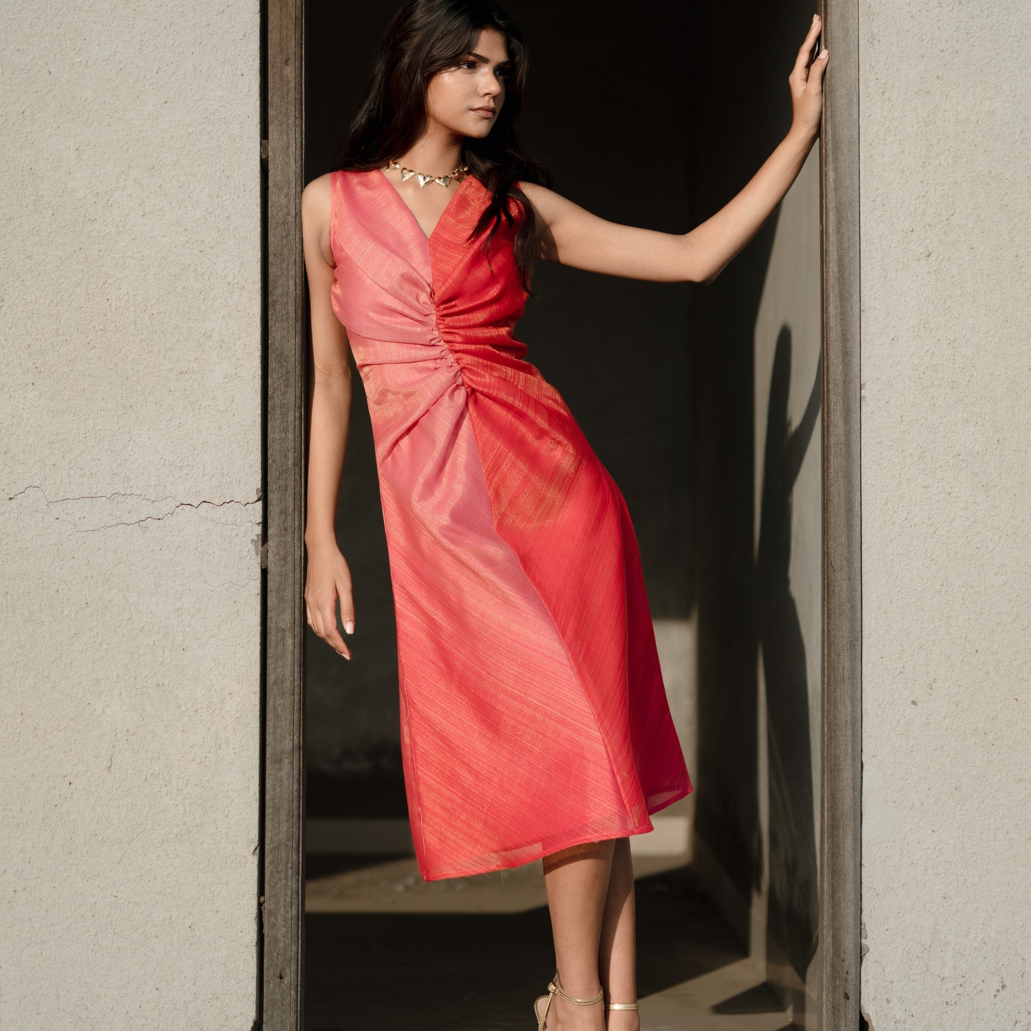 Bias Gather Dress - Coral & Rose