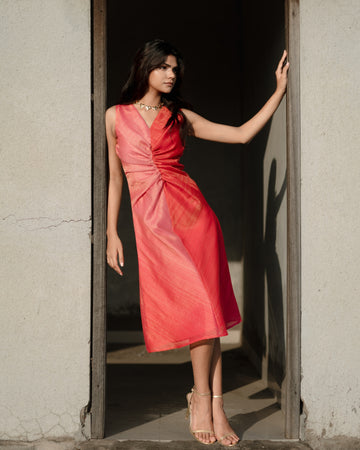 Bias Gather Dress - Coral & Rose