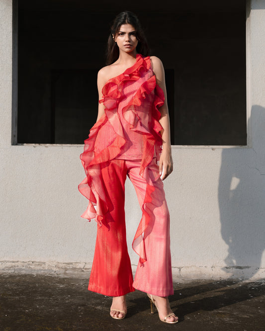 Ruffle Overlay Top – Coral Rose