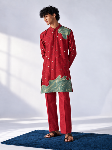 Crimson Embroidered Marble Appliqué Kurta - Pant Set