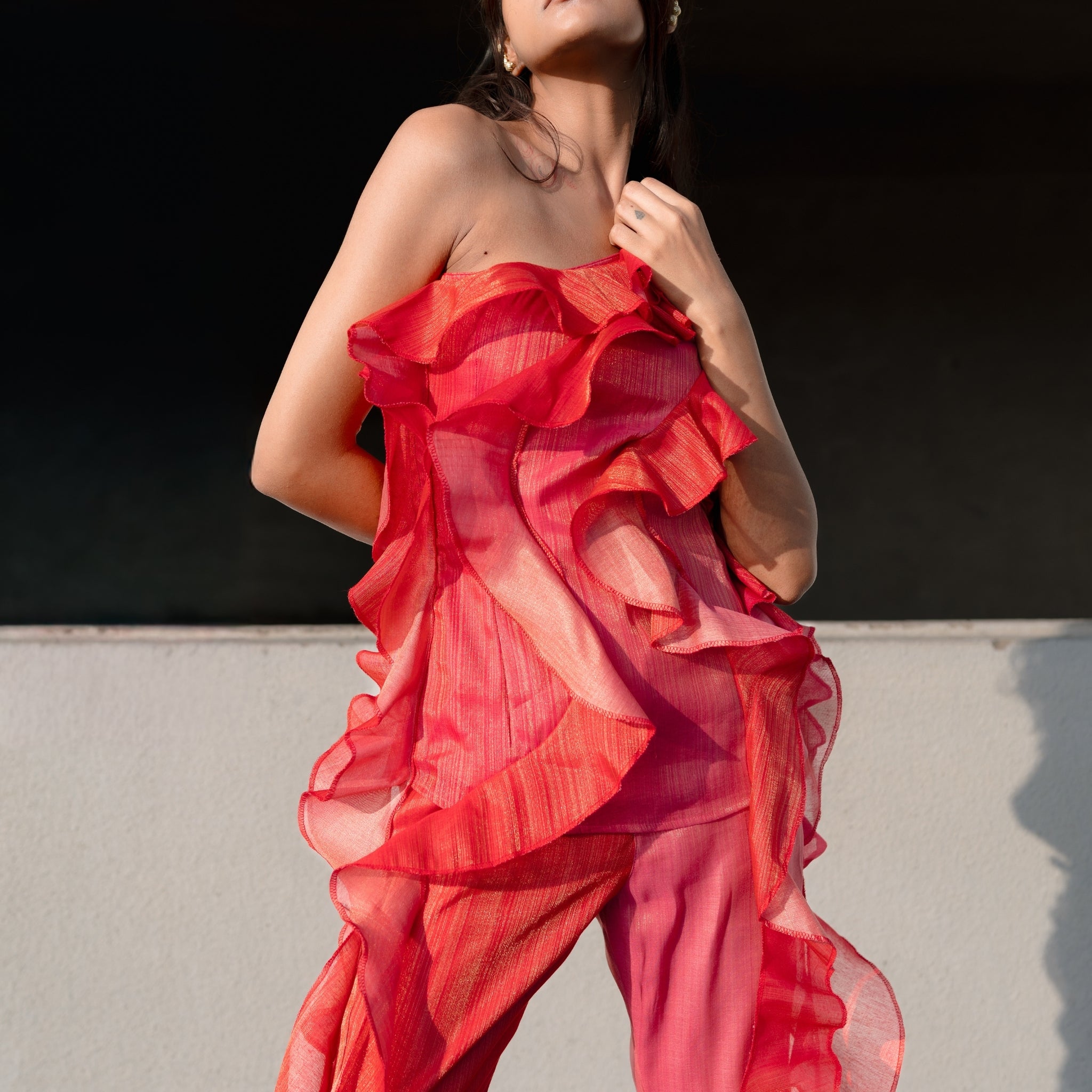 Ruffle Overlay Top – Coral Rose