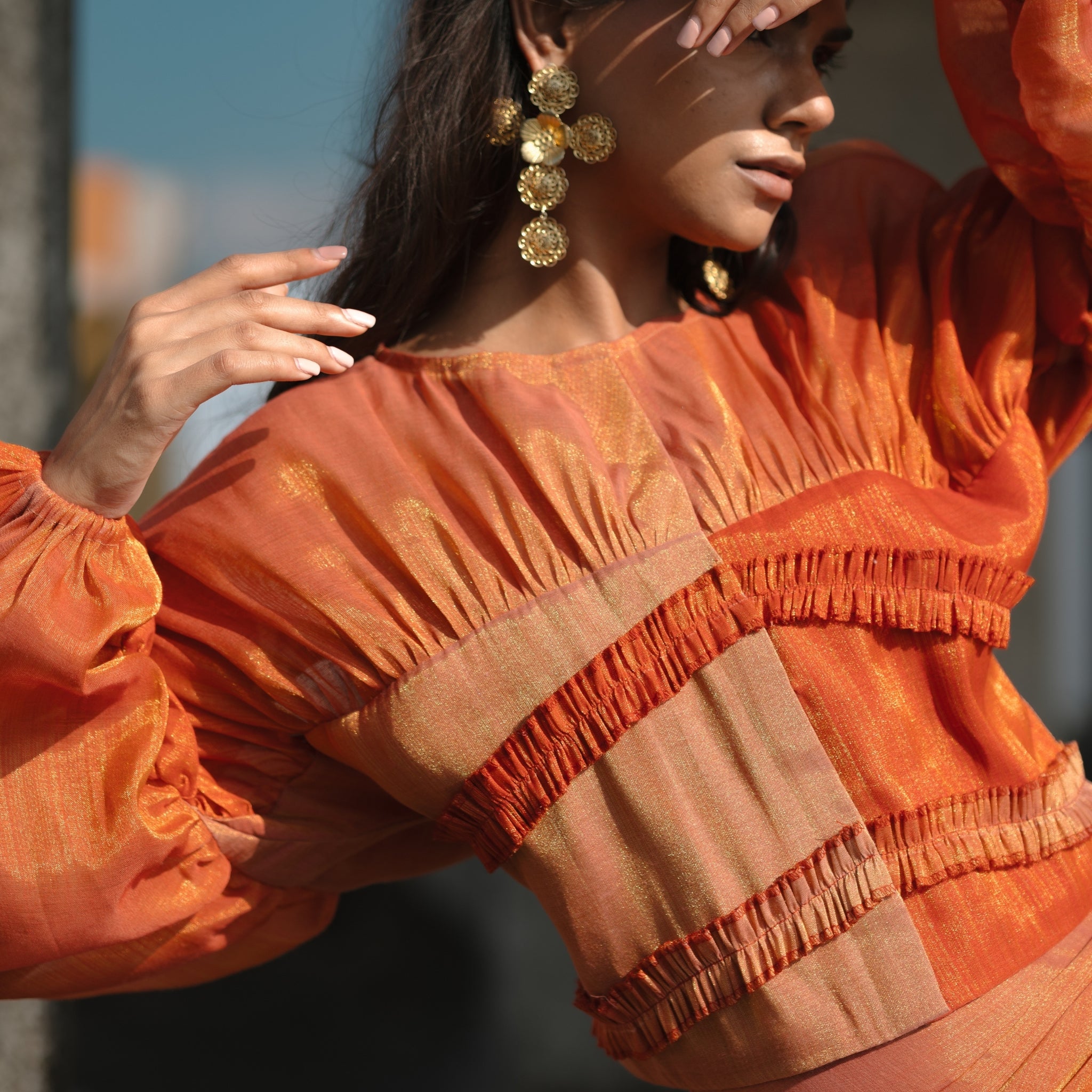 Ruched Balloon Sleeve Top - Burnt Orange