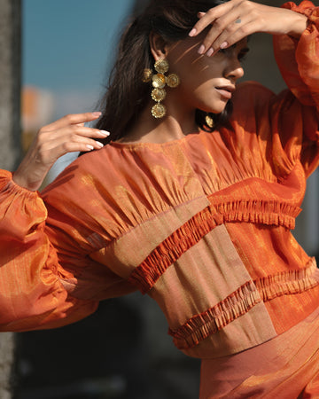Ruched Balloon Sleeve Top - Burnt Orange
