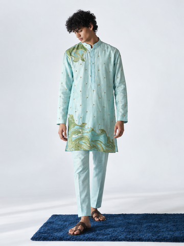 Aqua Blue Embroidered Marble Appliqué Kurta - Pant Set