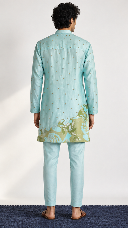 Aqua Blue Embroidered Marble Appliqué Kurta - Pant Set