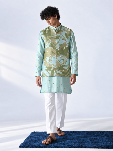 Aqua Marbled Jacket And Kurta Set