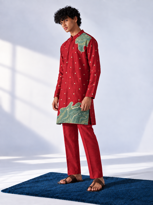 Crimson Embroidered Marble Appliqué Kurta - Pant Set