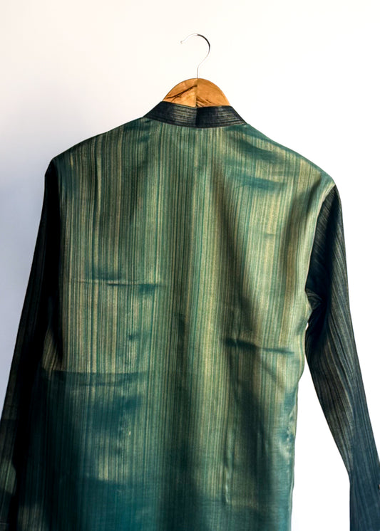 Teal green plain kurta with shade-work ombré and continuous gold zari lines
