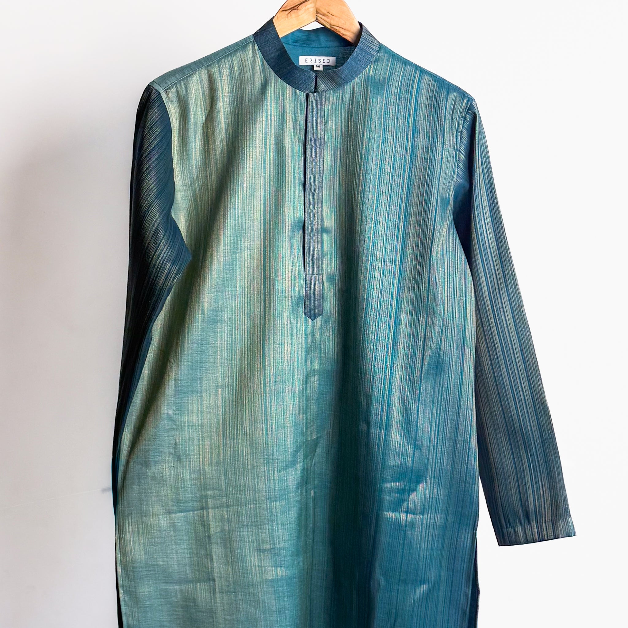 Teal blue plain kurta with shade-work ombré and continuous gold zari lines