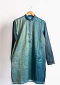 Teal blue plain kurta with shade-work ombré and continuous gold zari lines