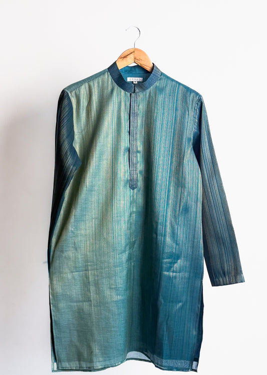 Teal blue plain kurta with shade-work ombré and continuous gold zari lines