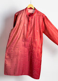 Men’s pink mirror-work kurta with shade-work ombré and continuous gold zari lines