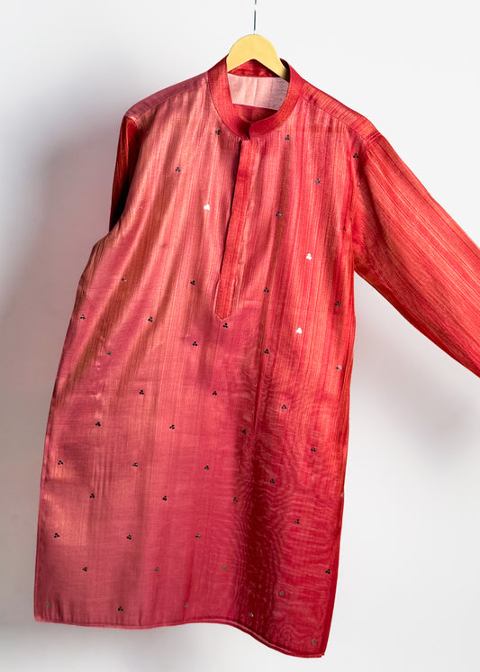 Men’s pink mirror-work kurta with shade-work ombré and continuous gold zari lines