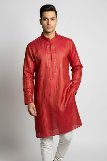 Men’s Pink Mirror-Work Kurta with Shade-Work and Gold Zari