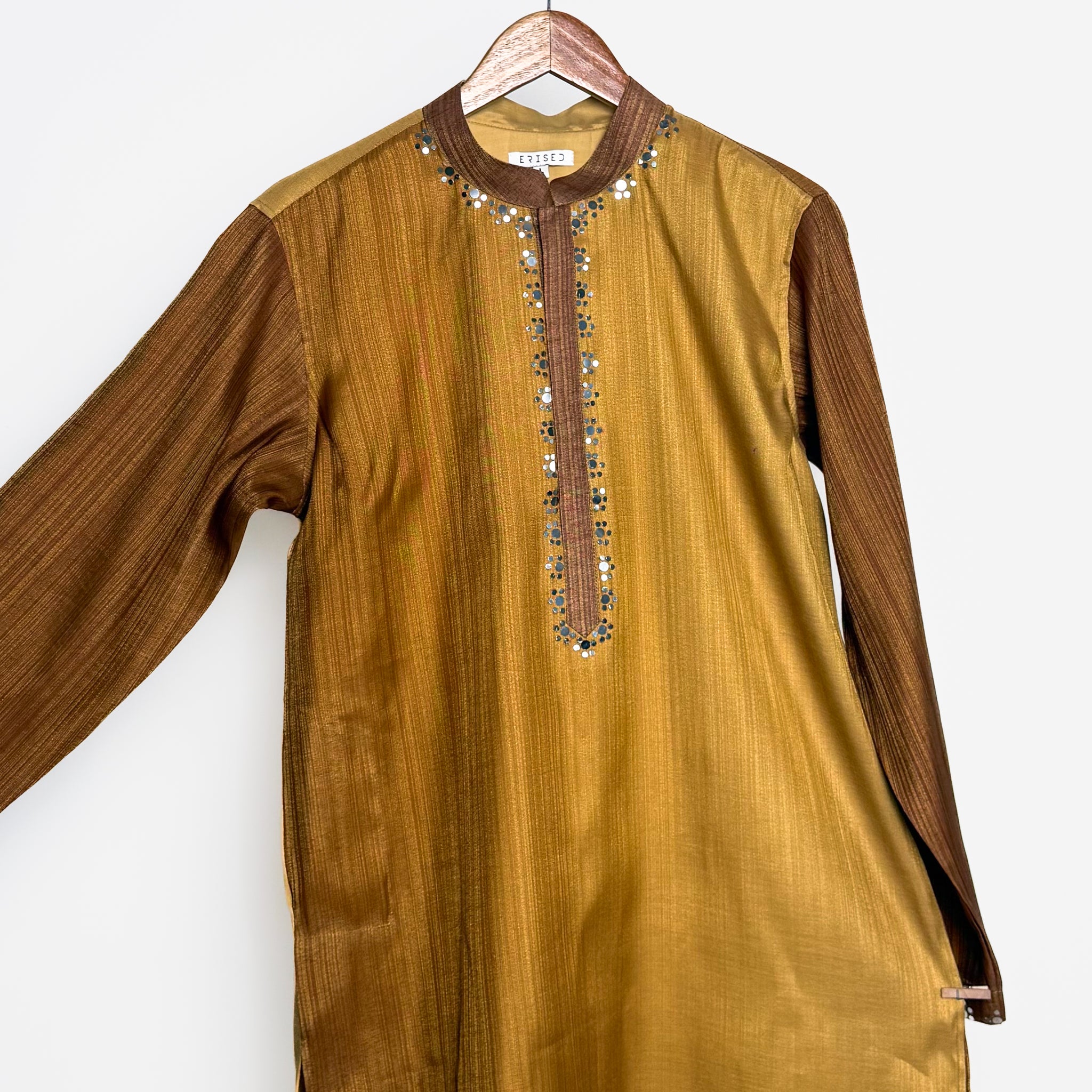 Ochre gold mirror-work men’s kurta with gold zari and contrast tobacco sleeves