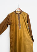 Ochre gold mirror-work men’s kurta with gold zari and contrast tobacco sleeves