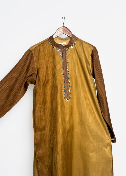 Ochre gold mirror-work men’s kurta with gold zari and contrast tobacco sleeves