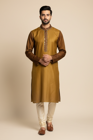 Men’s Ochre Gold Mirror-Work Kurta with Gold Zari