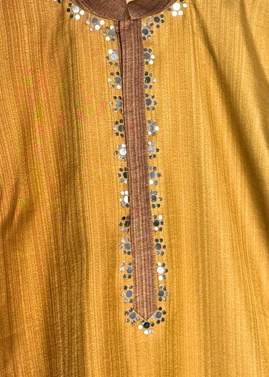Ochre gold mirror-work men’s kurta with gold zari and contrast tobacco sleeves