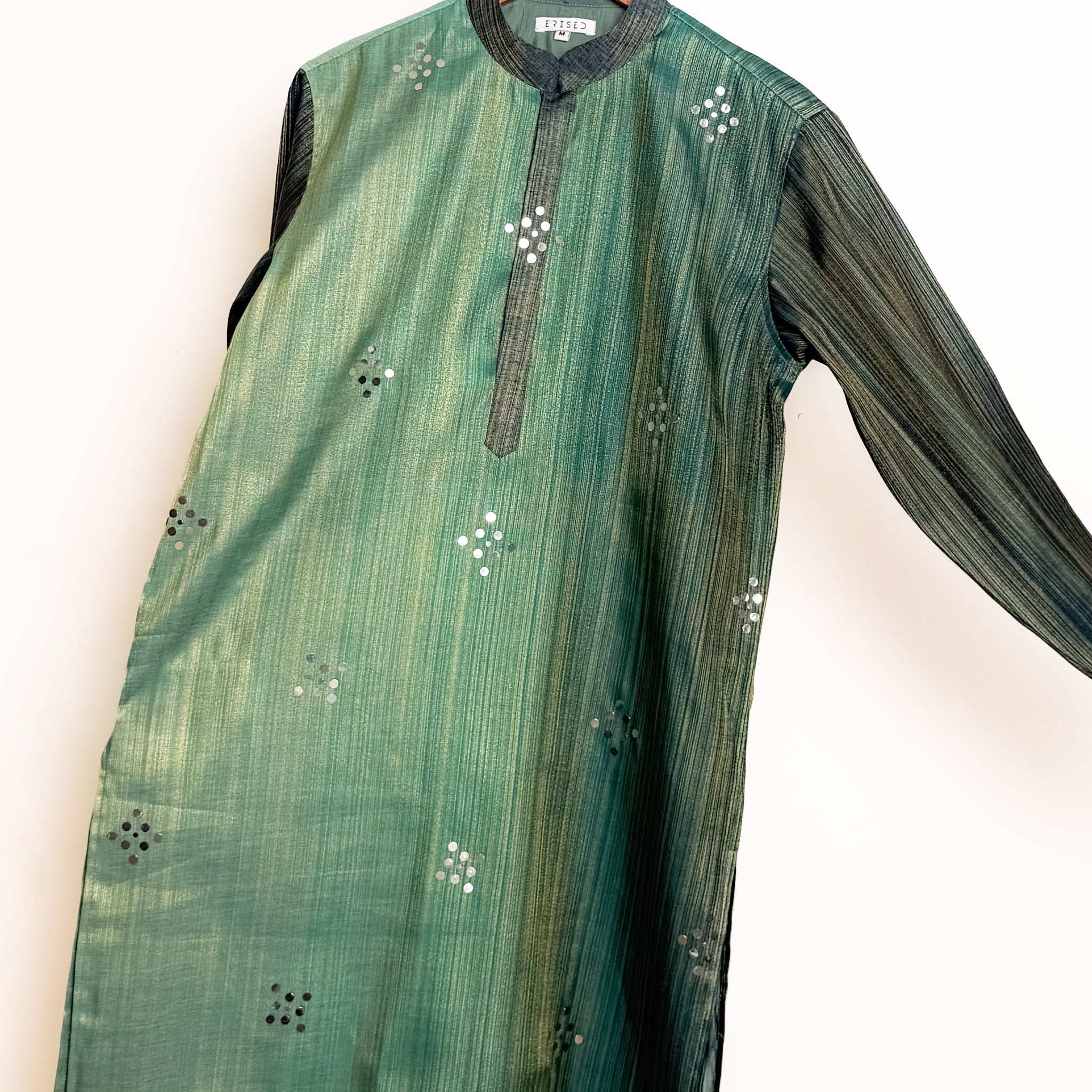 Men’s teal mirror-work kurta with handcrafted shade-work ombré and gold zari lines