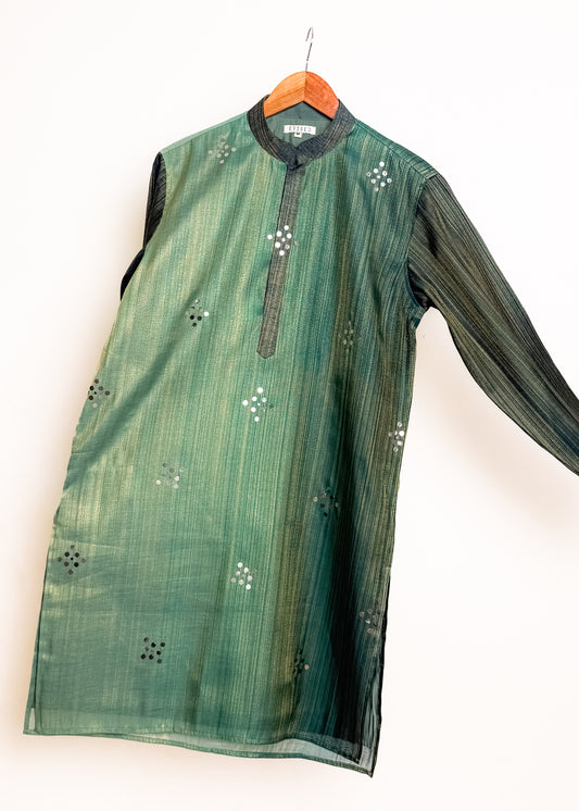 Men’s teal mirror-work kurta with handcrafted shade-work ombré and gold zari lines