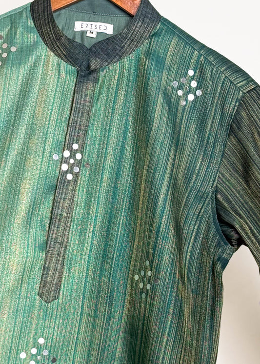 Men’s teal mirror-work kurta with handcrafted shade-work ombré and gold zari lines