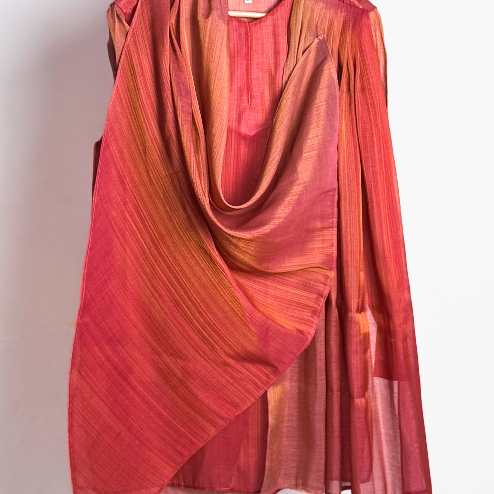 Men’s pink drape kurta, thigh length, Gulabi Coral with cowl front and continuous gold zari lines