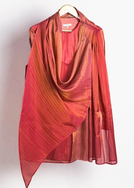 Men’s pink drape kurta, thigh length, Gulabi Coral with cowl front and continuous gold zari lines