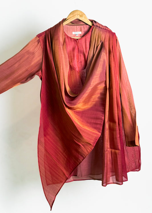 Gulabi Coral men’s cowl-drape kurta, thigh length, band collar, lightweight fabric with gold zari texture