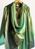 Men’s green drape kurta, thigh length, Juniper Teal with fluid cowl and continuous gold zari lines