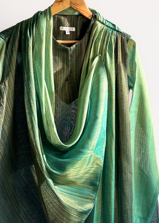 Men’s green drape kurta, thigh length, Juniper Teal with fluid cowl and continuous gold zari lines