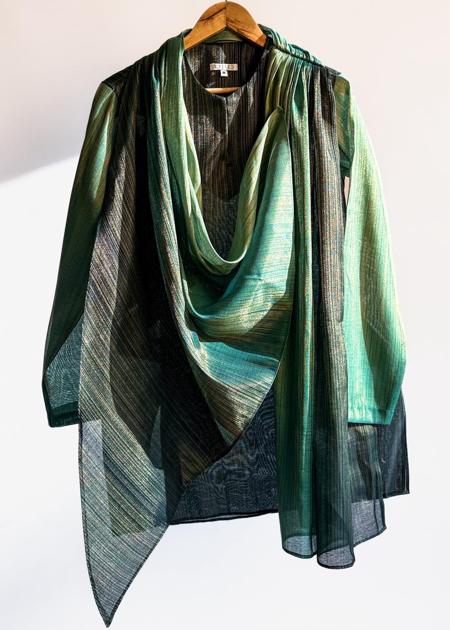 Men’s green drape kurta, thigh length, Juniper Teal with fluid cowl and continuous gold zari lines