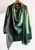 Men’s green drape kurta, thigh length, Juniper Teal with fluid cowl and continuous gold zari lines